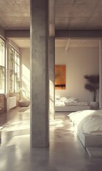 Poster - Modern bedroom with concrete pillars and a plant.