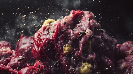 An Intricate Close-Up of Decomposing Meat Showcasing Textures and Details in a Dark Environment