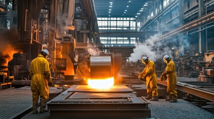 Wall Mural - Industrial plant producing steel materials, with workers in protective gear overseeing the process.