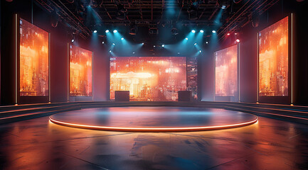 Empty big news studio with active screens behind, multiple screens displaying news feeds and graphics