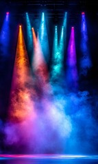 Poster - Colorful spotlights illuminate smoke on stage.