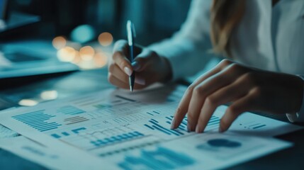 Analyzing the Data: Close-up of a businesswoman's hands reviewing financial charts and graphs, showcasing the meticulous process of data analysis and strategic planning.