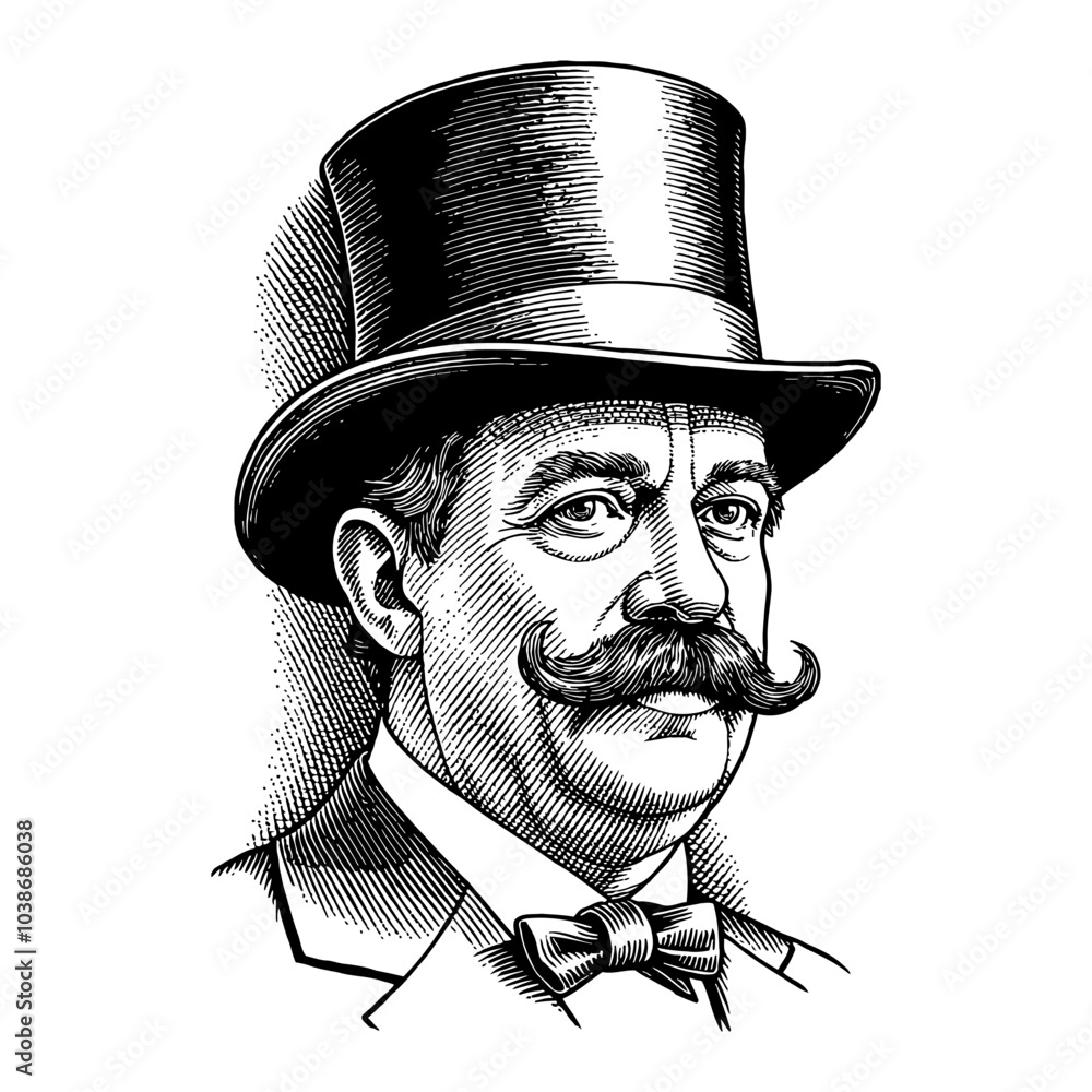 Gentleman with Moustache Wearing Top Hat in Black and White Outline ...