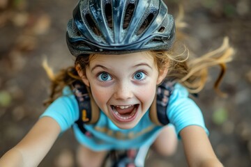 Excited Girl in Bicycle Helmet Outdoors