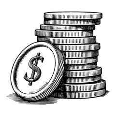 Wall Mural - stack of coins in vintage detailed black and white outline line art drawing with dollar symbol