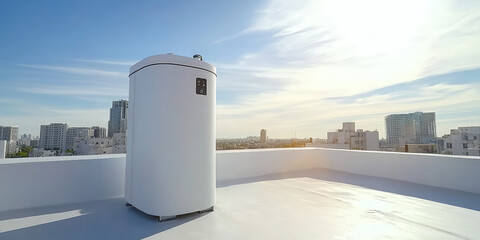 Hot Water Storage Pressure Tank for hotel or apartment at outdoor roof top. Individual water pipe heat pump system