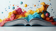 © Sticky Finger - open textbook with vibrant, colorful splashes and floating spheres creates dynamic and imaginative scene, symbolizing creativity and learning