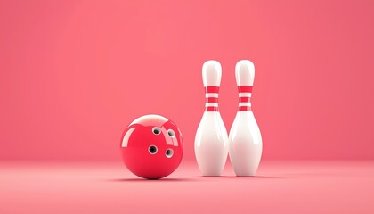 A bright red bowling ball next to two white bowling pins on a pink background.