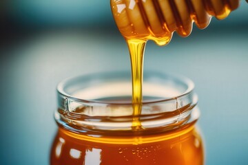 A close-up shot of honey dripping from a honey dipper into a clear glass jar, showcasing its golden texture and natural sweetness.