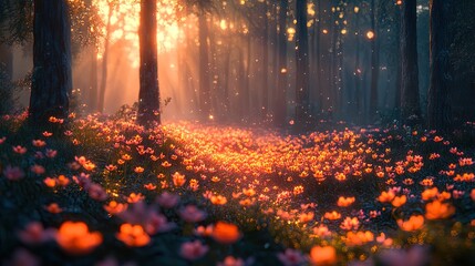 Wall Mural - The image captures a serene forest scene bathed in warm, golden light. Sunlight streams through the trees, creating a magical atmosphere filled with soft beams and a dreamy haze. A vibrant carpet of f