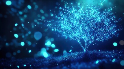 Poster - A glowing digital tree with a dark blue backdrop and bokeh lights