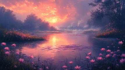 Wall Mural - A serene landscape at sunset, featuring a calm body of water surrounded by lush vegetation. The surface of the water reflects a vibrant palette of colors, blending shades of pink, orange, and purple a