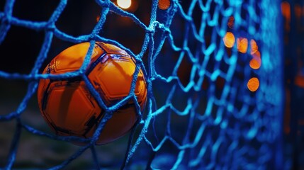 An orange soccer ball in the net with blue lighting