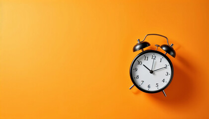 black vintage alarm clock on orange color background