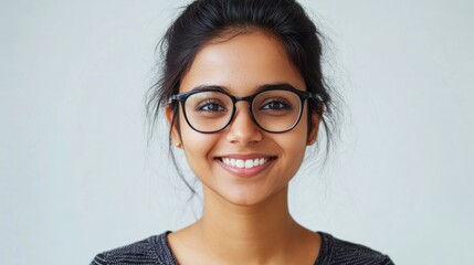 Young indian woman wearing eyeglasses smiling on white background