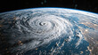 © scaliger - Tropical storm or typhoon view from satellite at night, powerful hurricane eye above ocean. Concept of space, weather, cyclone and warning.