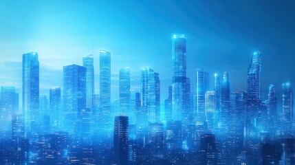 Futuristic blue cityscape with digital skyscrapers.