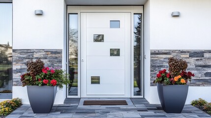 Modern Front Door with Decorative Planters and Flowers