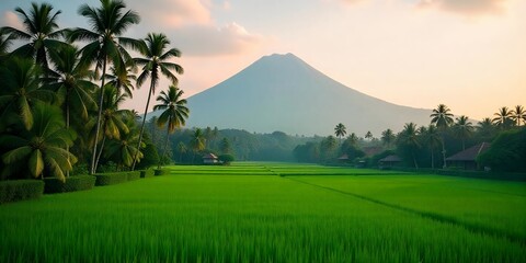 Sticker - Tranquil rice paddy field with palm trees and a mountain in the background.