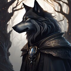  A side profile of a regal wolf clad in ornate armor, set against a mystical forest backdrop. The intricate details of the armor and the wolf s intense expression convey a sense of strength and nobili