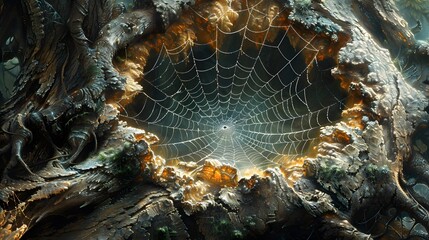 A spider web encased in tree bark