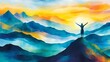 © Stock Spectrum - Woman Standing on Mountaintop with Arms Raised in Joyful Embrace of the Sunrise, Abstract Watercolor, Hope, Freedom
