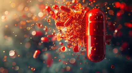 A vibrant explosion of red capsules and pills against a blurred background illustrating pharmaceutical concepts in a healthcare context