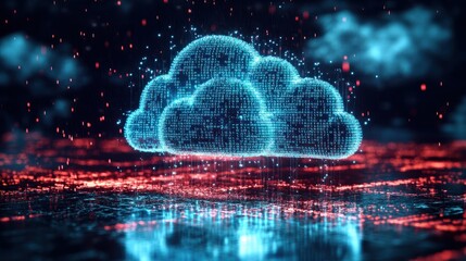 A digital cloud icon composed of glowing blue binary code, suspended in a dark cyberspace, with red and blue digital rain falling around it, symbolizing data storage, connectivity, and the evolution 