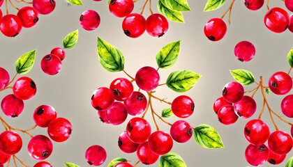 Wall Mural - watercolor seamless pattern with berries of lingonberry isolated with white highlights, png