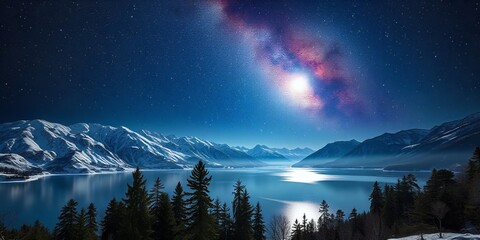 Poster - A serene night sky with the Milky Way over a snow-capped mountain range.