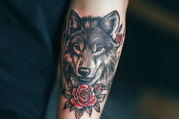 Neo-traditional tattoo of a wolf with roses, detailed fur and expressive eyes, black and gray ink with red accents, on the forearm.