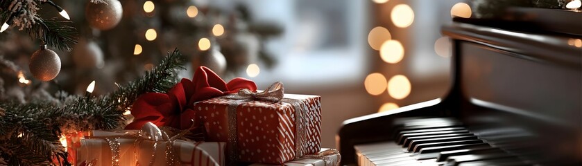 Wall Mural - A piano is surrounded by Christmas decorations, including a red present