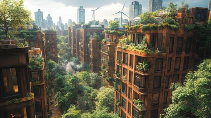 Urban greenery thrives in a futuristic cityscape with lush buildings and wind turbines