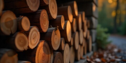 Wall Mural - Closeup of stacked logs with a warm, golden glow.