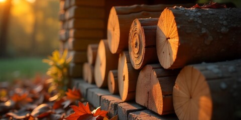 Sticker - Stacked logs bathed in warm sunset light.