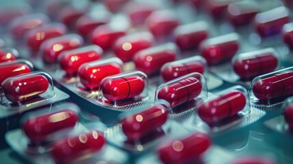 Red capsules of levofloxacin arranged in blister packs, ideal for pharmaceutical stock photography