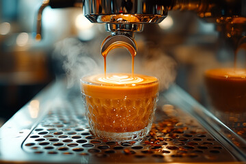 Coffee machine is pouring coffee into a cup.