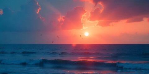 Wall Mural - A vibrant sunset paints the sky over the ocean.