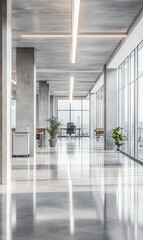 Wall Mural - Modern office with concrete walls, glass windows, and polished floors.