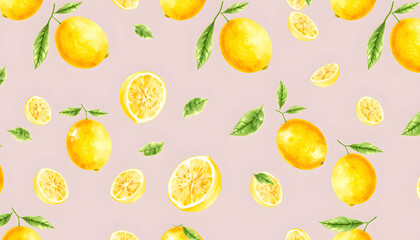 Wall Mural - Watercolor lemon pattern isolated with white highlights, png