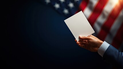 Hand holding blank card in front of the American flag, dark background.