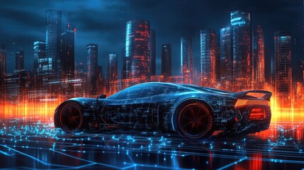 A car with a rising trend line and futuristic cityscape