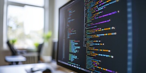 A computer screen shows a window where you can write computer programs. This is a picture of programming and coding, with code displayed on the screen.