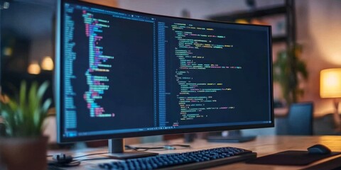 A computer screen shows a window where you can write computer programs. This is a picture of programming and coding, with code displayed on the screen.