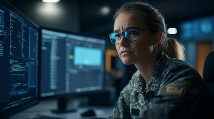 female soldier in military uniform working on computer with code on screen