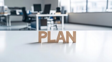 Wall Mural - wooden letters spelling plan on a table in a modern office setting.