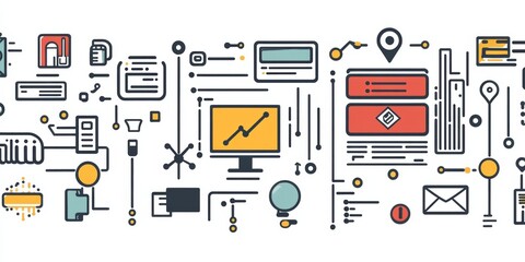 A web icon design showing different aspects of programming, including a computer, coding, data, and security.