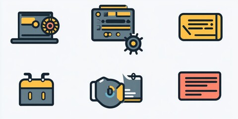 A web icon design showing different aspects of programming, including a computer, coding, data, and security.