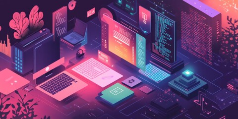 A web icon design showing different aspects of programming, including a computer, coding, data, and security.