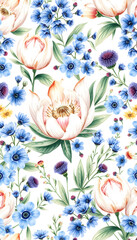 Watercolor seamless pattern with white protea, eucalyptus, thistle, blue flowers isolated on white background. Hand-drawn spring and winter floral backdrop for fabric, clothing, wrapping paper, deco